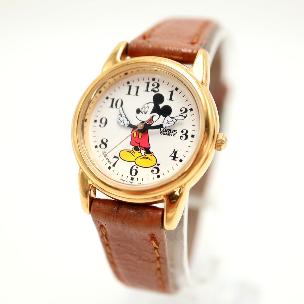 Lorus Mickey Mouse Moving Arms 26mm Watch Brown Leather V501-6N70 w New Battery